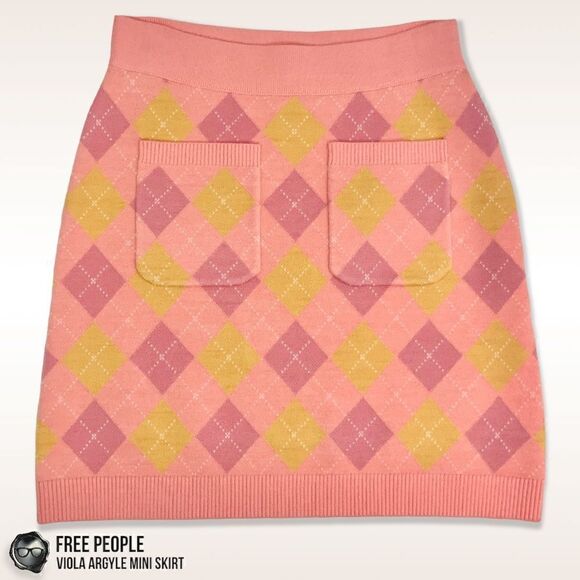 FREE PEOPLE FP ARGYLE VIOLA SWEATER MINI SKIRT IN PINK COMBO SIZE SMALL NEW - Picture 1 of 16